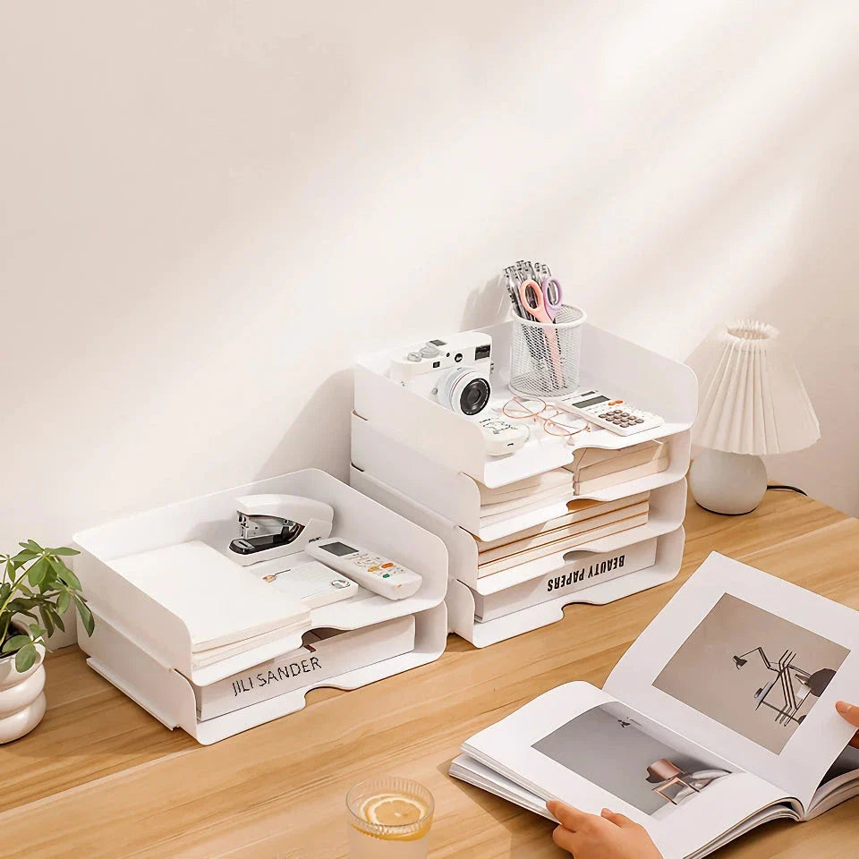 2PC Sturdy Stackable Desktop File Organizer with Durable Plastic Construction and Secure Stacking for Organized Workspace