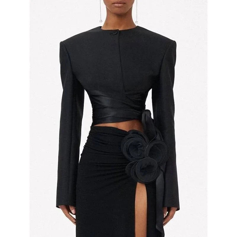 A stylish, slimming coat with a unique spliced design and lace-up accents, perfect for adding elegance and comfort to any outfit.