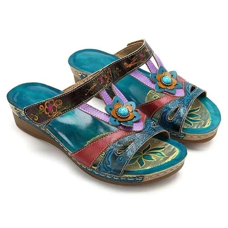 Stylish and comfortable ethnic-inspired wedge slippers with a fish mouth design, available in various colors.