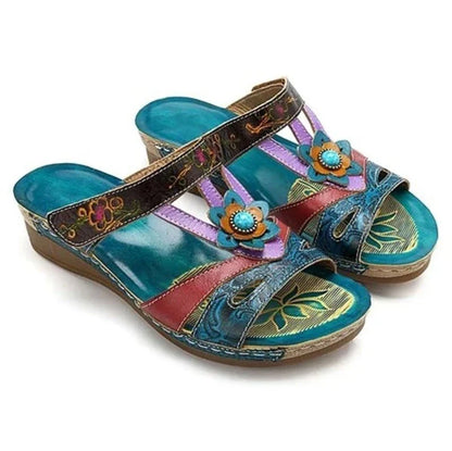 Stylish and comfortable ethnic-inspired wedge slippers with a fish mouth design, available in various colors.
