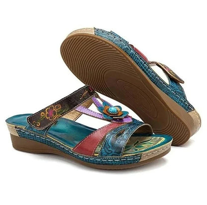 Stylish and comfortable ethnic-inspired wedge slippers with a fish mouth design, available in various colors.