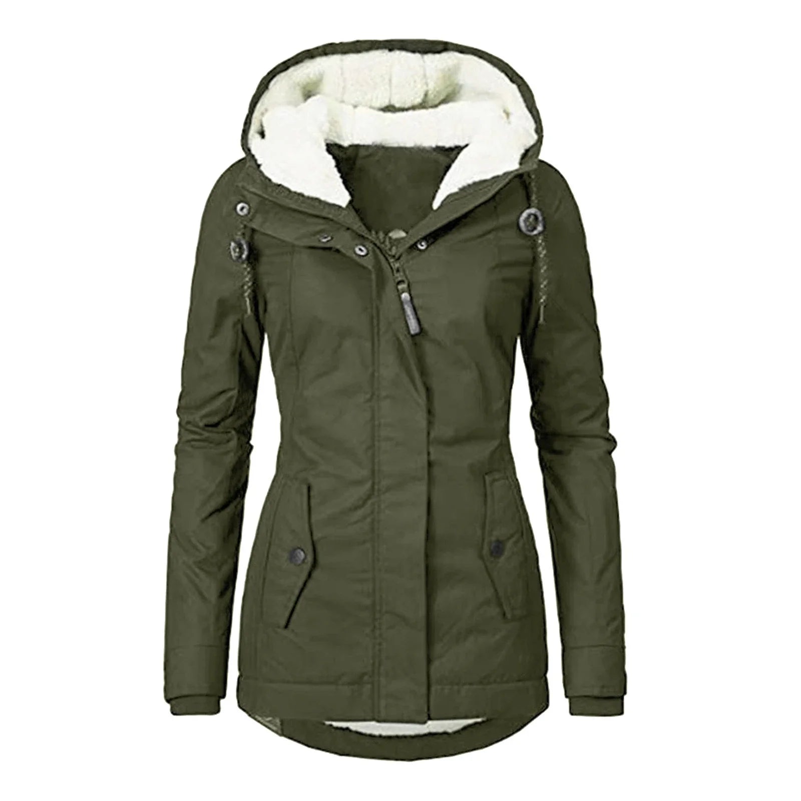 Hot Style Ladies Long-Sleeved Zipper Pocket Padded Coat Jacket in red, green, and black colors