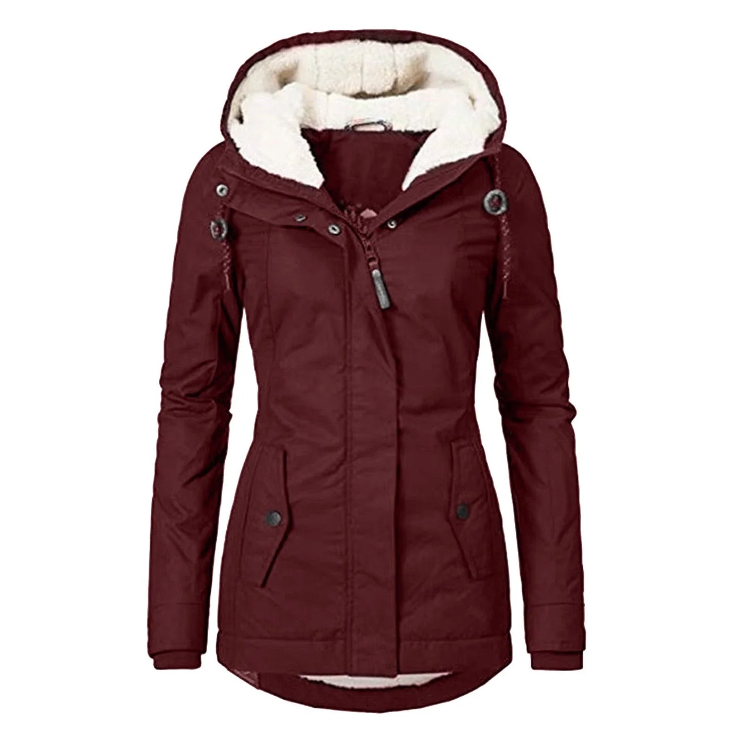 Hot Style Ladies Long-Sleeved Zipper Pocket Padded Coat Jacket in red, green, and black colors