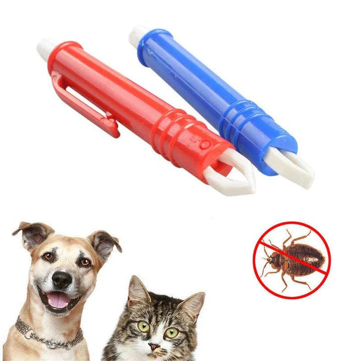 Hair Tick Remover Grooming Tool for pets, available in red or blue colors, designed to efficiently and gently remove ticks and other debris from your dog or cat's coat
