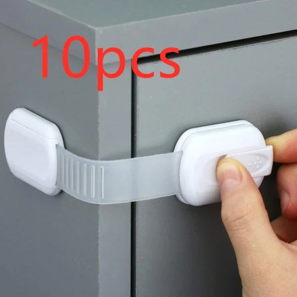 Adjustable child safety lock for securing kitchen cabinets and drawers, made with high-quality materials for easy installation and protection