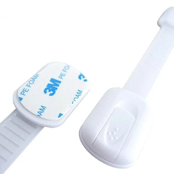 Adjustable child safety lock for securing kitchen cabinets and drawers, made with high-quality materials for easy installation and protection