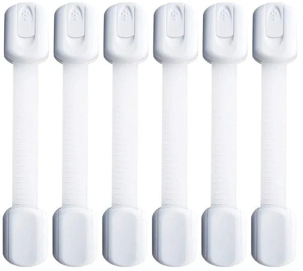 Adjustable child safety lock for securing kitchen cabinets and drawers, made with high-quality materials for easy installation and protection