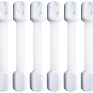 Adjustable child safety lock for securing kitchen cabinets and drawers, made with high-quality materials for easy installation and protection