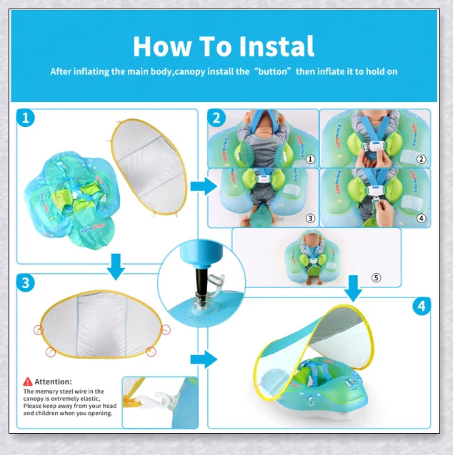 Smart Swim Trainer Baby Airless Float Ring with UV-proof canopy, designed for infant water safety and comfort