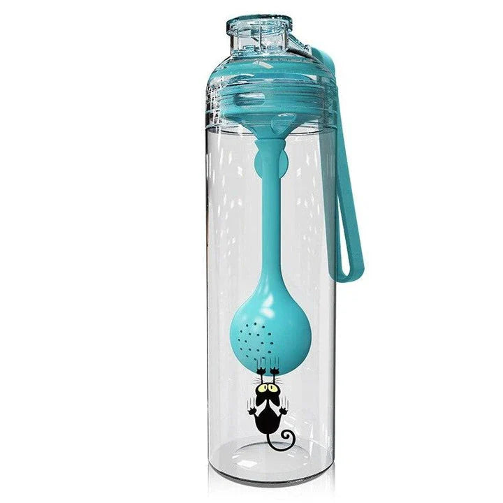 A blue water bottle with a cat-patterned design and a fruit infuser attachment