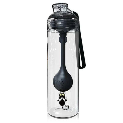 A blue water bottle with a cat-patterned design and a fruit infuser attachment