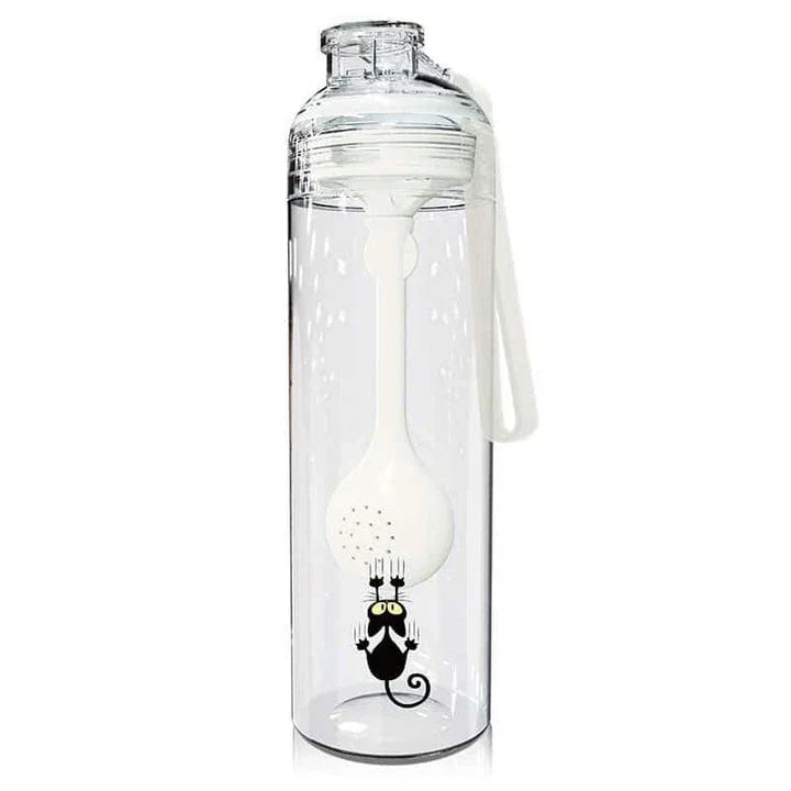 A blue water bottle with a cat-patterned design and a fruit infuser attachment