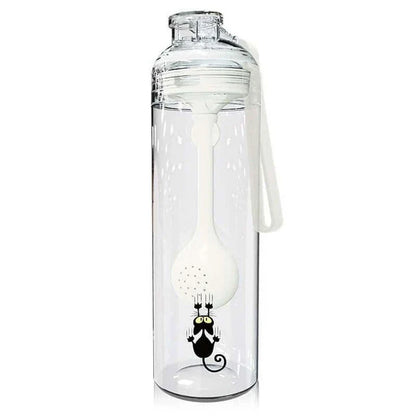 A blue water bottle with a cat-patterned design and a fruit infuser attachment