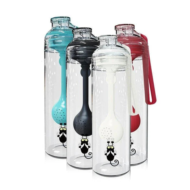 A blue water bottle with a cat-patterned design and a fruit infuser attachment