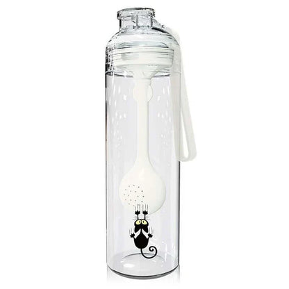 A blue water bottle with a cat-patterned design and a fruit infuser attachment