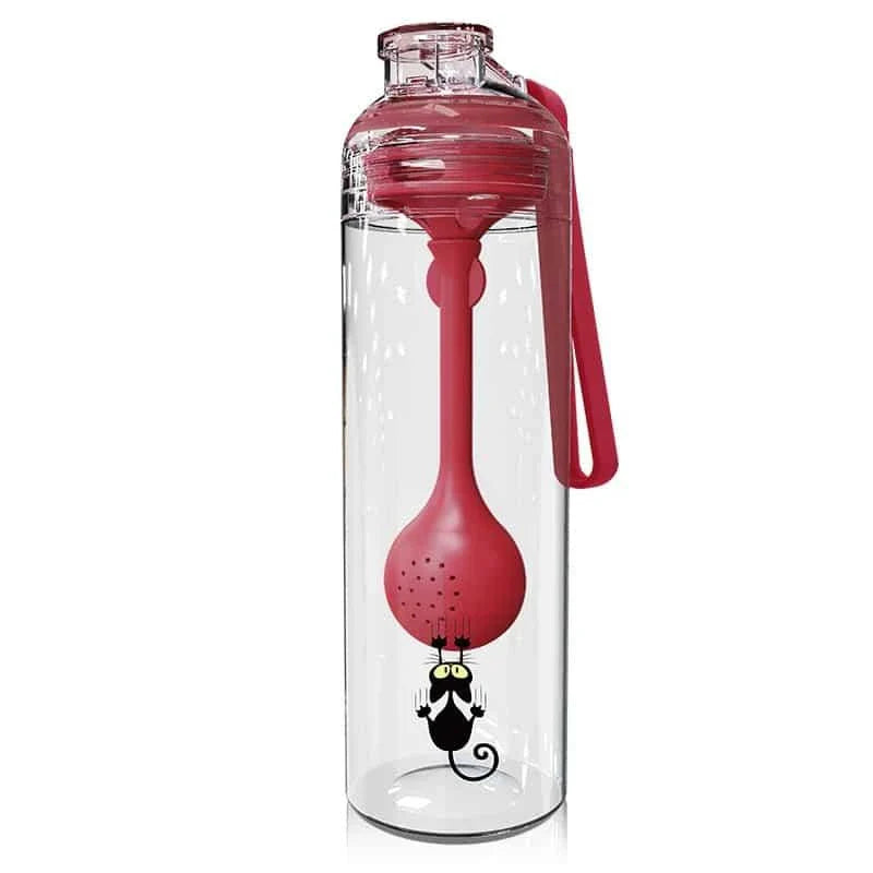 A blue water bottle with a cat-patterned design and a fruit infuser attachment