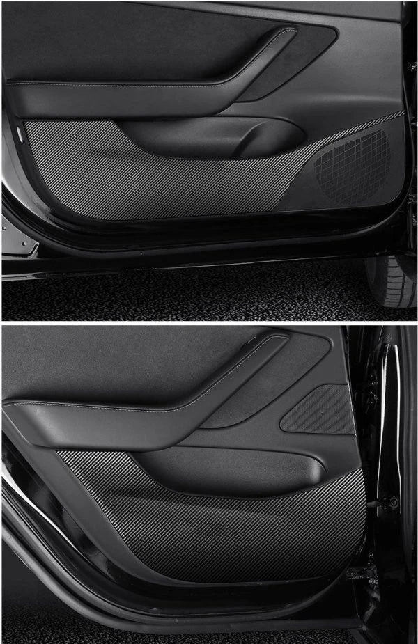 4 Pieces of Carbon Fiber Car Door Anti-Kick Pads Protecting a Tesla Model 3