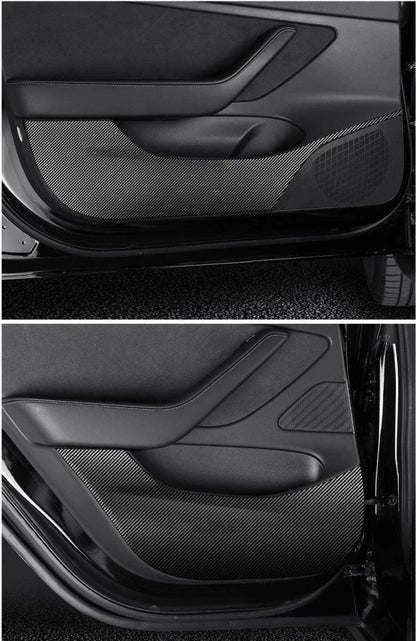 4 Pieces of Carbon Fiber Car Door Anti-Kick Pads Protecting a Tesla Model 3