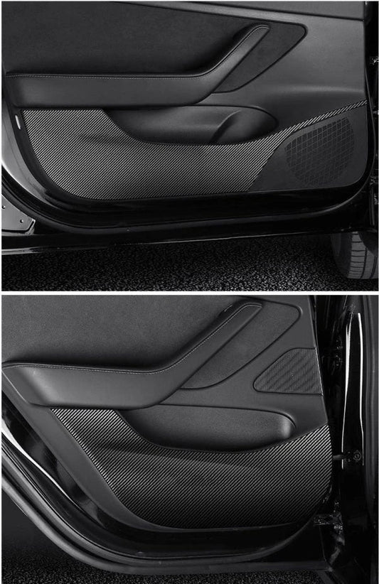 4 Pieces of Carbon Fiber Car Door Anti-Kick Pads Protecting a Tesla Model 3