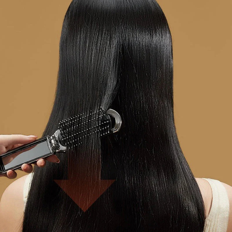A portable, foldable hair brush with a built-in mirror for on-the-go grooming and touch-ups