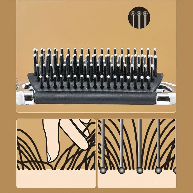 A portable, foldable hair brush with a built-in mirror for on-the-go grooming and touch-ups