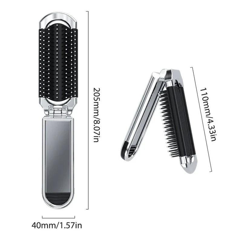 A portable, foldable hair brush with a built-in mirror for on-the-go grooming and touch-ups