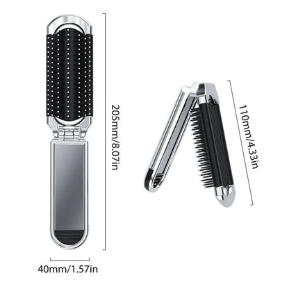 A portable, foldable hair brush with a built-in mirror for on-the-go grooming and touch-ups