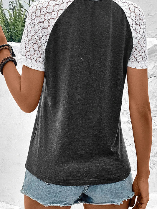 Women's fashion top with lace stitching and short sleeves, available in multiple color options