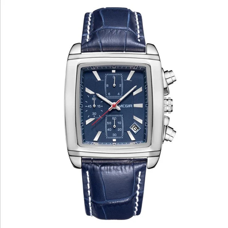 Multifunctional luminous men's sports watch with stainless steel case and genuine leather strap