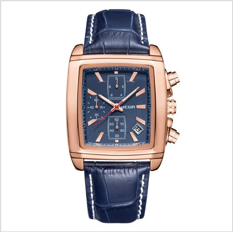 Multifunctional luminous men's sports watch with stainless steel case and genuine leather strap