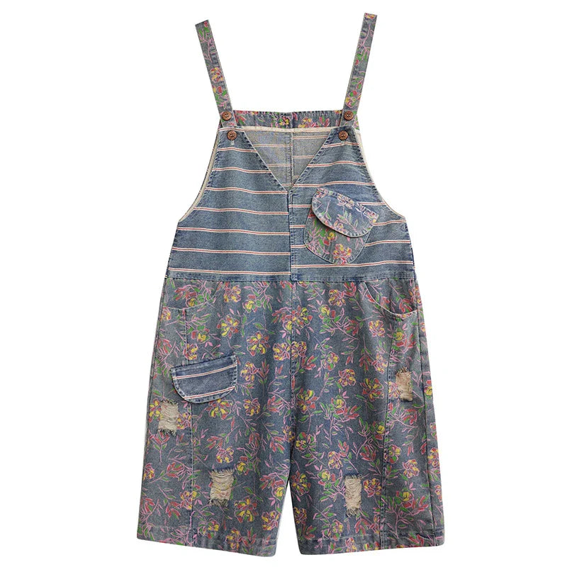 Oversized chubby loose and slim five-piece jumpsuit with printed denim straps in a stylish design