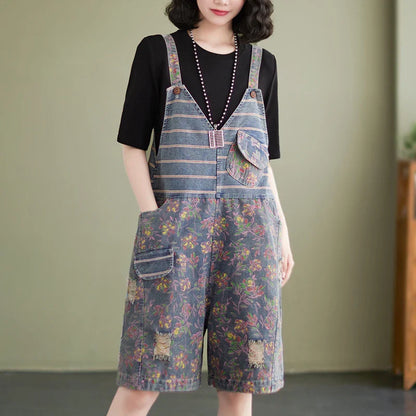 Oversized chubby loose and slim five-piece jumpsuit with printed denim straps in a stylish design