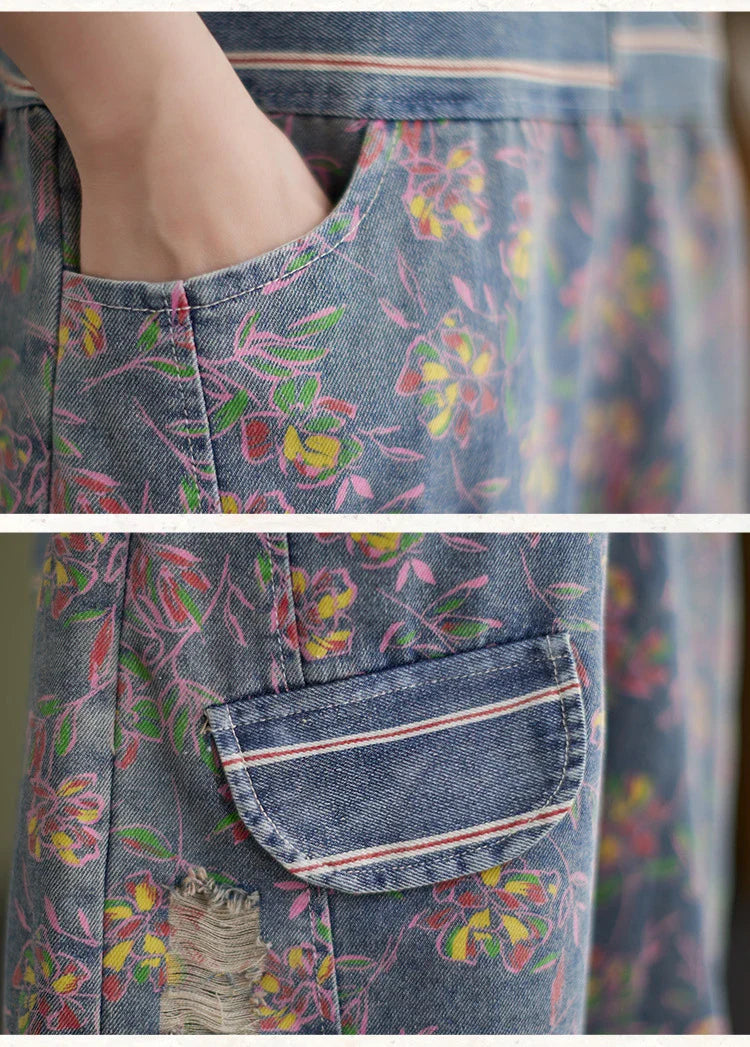 Oversized chubby loose and slim five-piece jumpsuit with printed denim straps in a stylish design