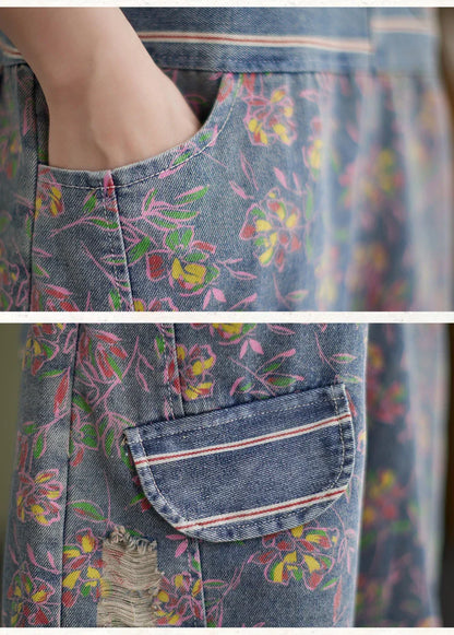 Oversized chubby loose and slim five-piece jumpsuit with printed denim straps in a stylish design