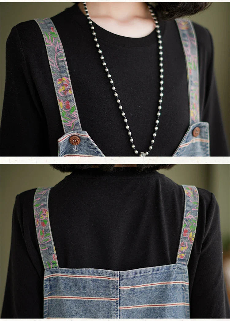 Oversized chubby loose and slim five-piece jumpsuit with printed denim straps in a stylish design