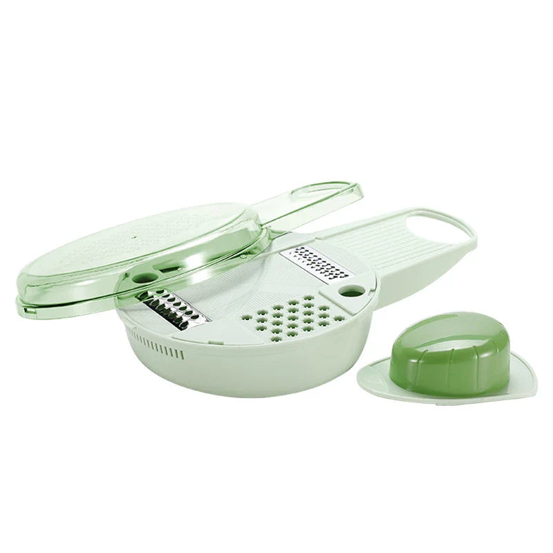 Multifunctional vegetable cutter with modern, minimalist design for slicing, dicing, and shredding a variety of produce
