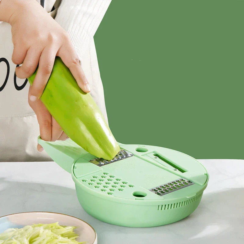 Multifunctional vegetable cutter with modern, minimalist design for slicing, dicing, and shredding a variety of produce