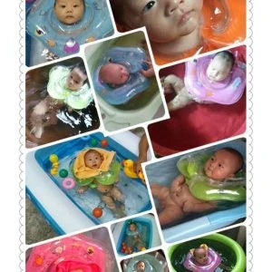 A colorful baby neck float with double air bags, adjustable safety locks, and playful bells for a comfortable and engaging swimming experience.