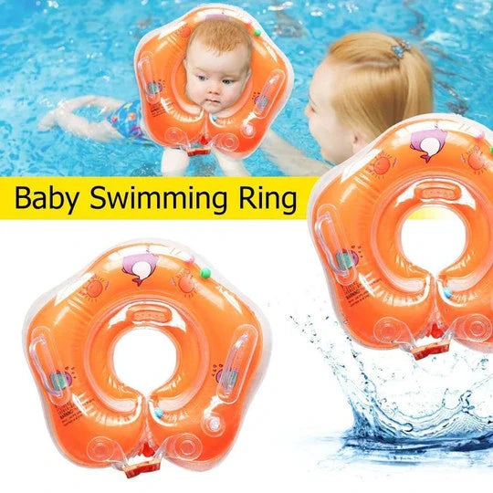 A colorful baby neck float with double air bags, adjustable safety locks, and playful bells for a comfortable and engaging swimming experience.