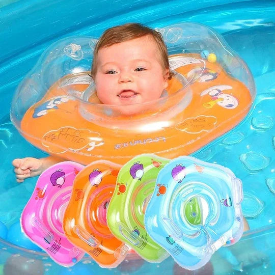 A colorful baby neck float with double air bags, adjustable safety locks, and playful bells for a comfortable and engaging swimming experience.