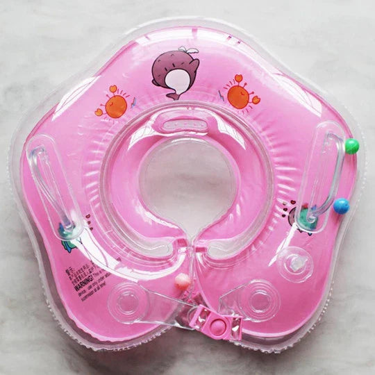 A colorful baby neck float with double air bags, adjustable safety locks, and playful bells for a comfortable and engaging swimming experience.
