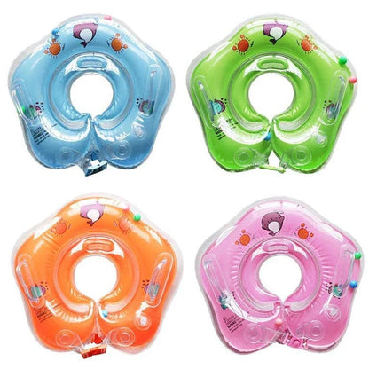 A colorful baby neck float with double air bags, adjustable safety locks, and playful bells for a comfortable and engaging swimming experience.