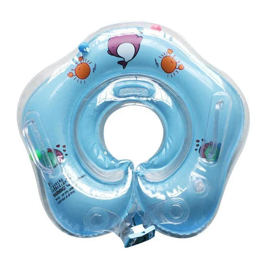 A colorful baby neck float with double air bags, adjustable safety locks, and playful bells for a comfortable and engaging swimming experience.