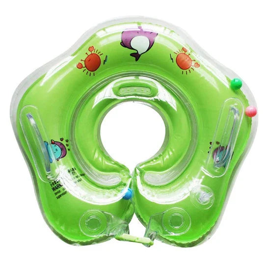 A colorful baby neck float with double air bags, adjustable safety locks, and playful bells for a comfortable and engaging swimming experience.