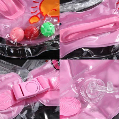 A colorful baby neck float with double air bags, adjustable safety locks, and playful bells for a comfortable and engaging swimming experience.