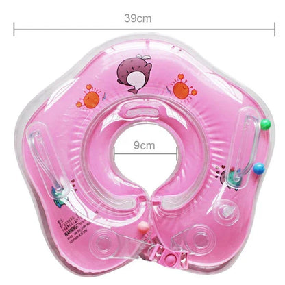 A colorful baby neck float with double air bags, adjustable safety locks, and playful bells for a comfortable and engaging swimming experience.