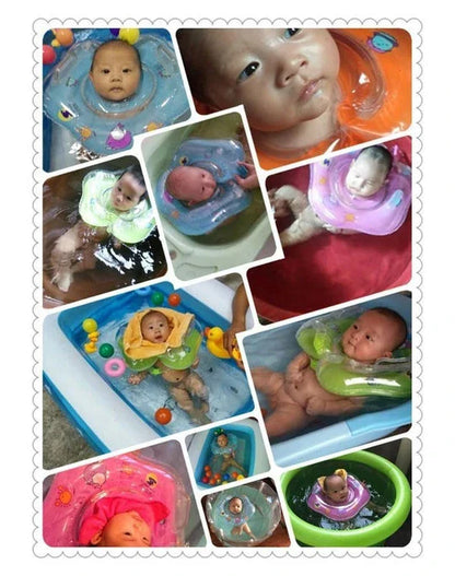 A colorful baby neck float with double air bags, adjustable safety locks, and playful bells for a comfortable and engaging swimming experience.