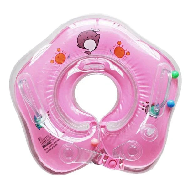 A colorful baby neck float with double air bags, adjustable safety locks, and playful bells for a comfortable and engaging swimming experience.
