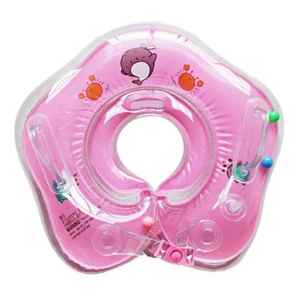A colorful baby neck float with double air bags, adjustable safety locks, and playful bells for a comfortable and engaging swimming experience.