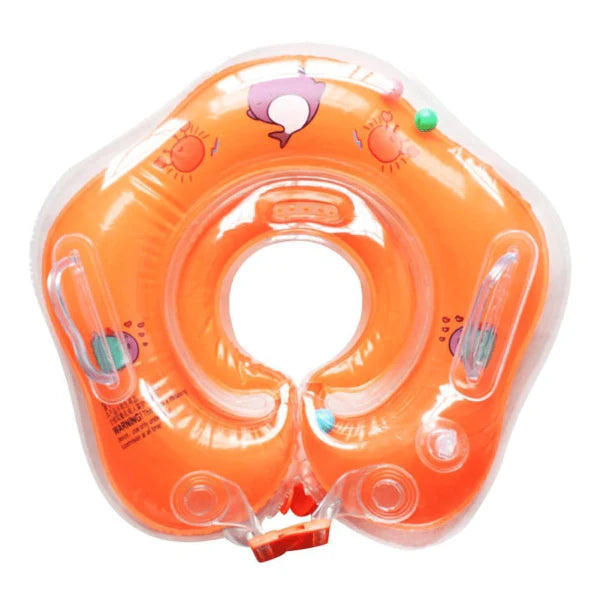A colorful baby neck float with double air bags, adjustable safety locks, and playful bells for a comfortable and engaging swimming experience.